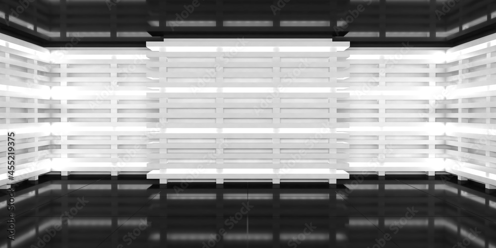 Illuminated studio room with bright white neon lights on walls. Empty space for text in center. Three-dimensional abstract background with reflections. 3D illustration.