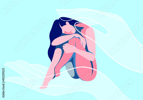 vector illustration on the theme of violence against women. the girl sits huddled. perhaps she is a victim of domestic violence or abuse, physical harassment. helping hands reached out to her.