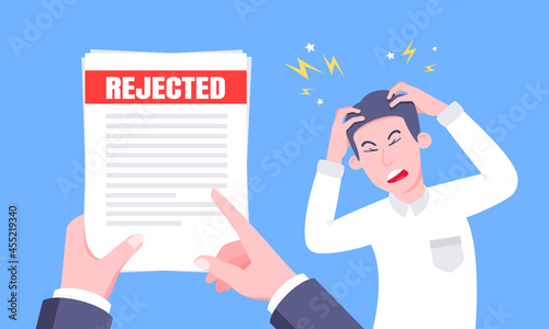 Sad man and an envelope with rejected application form flat style design vector illustration. Bad job interview, employment offer reject, college acceptance failed or business email form concept.
