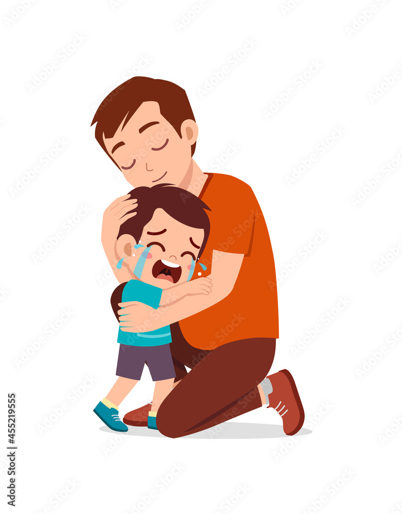 young father hug crying little boy and try to comfort