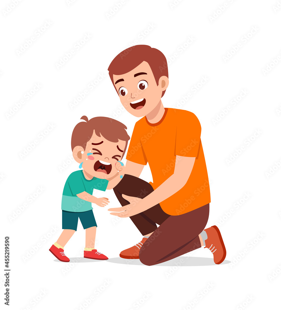 young father hug crying little boy and try to comfort young father hug crying little boy and try to comfort