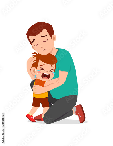 young father hug crying little boy and try to comfort
