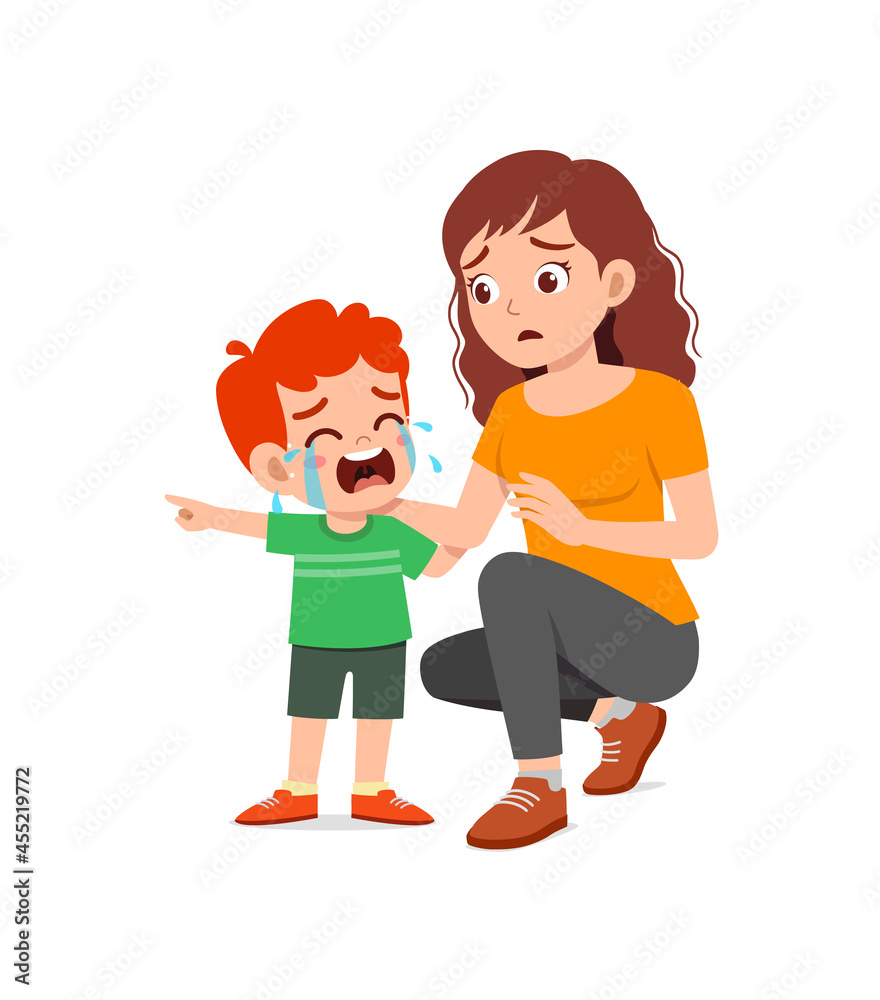 young mother hug crying little boy and try to comfort young mother hug crying little boy and try to comfort