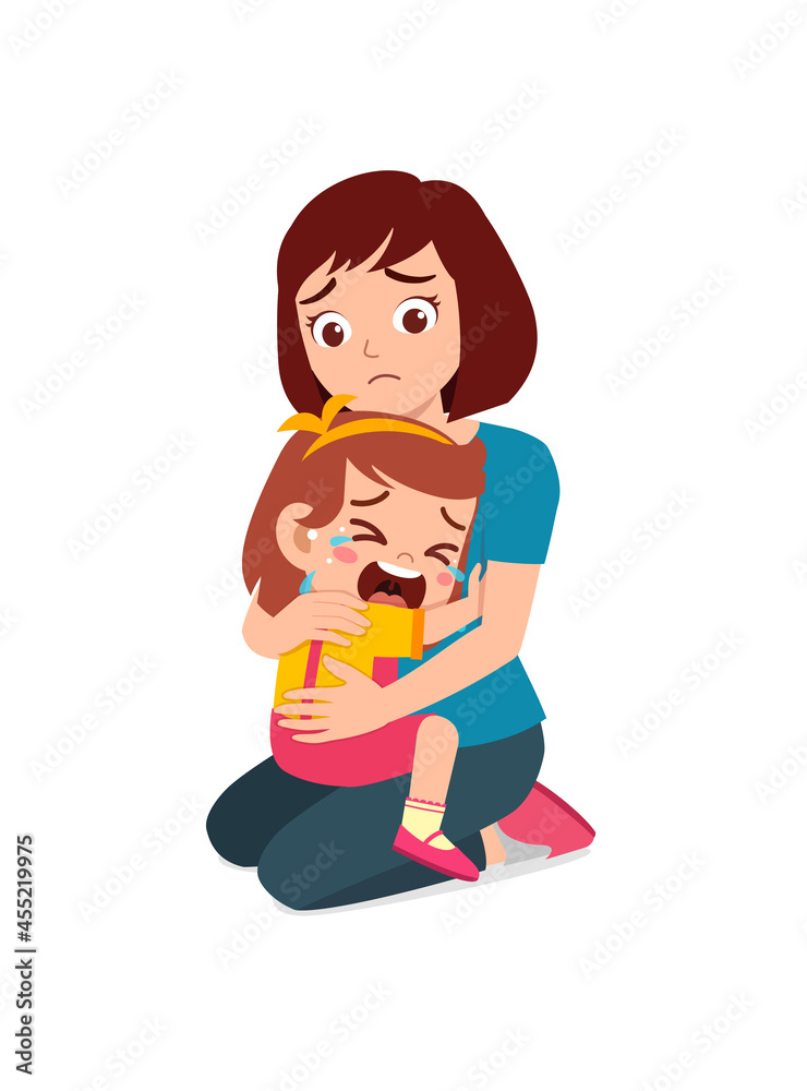 young mother hug crying little girl and try to comfort young mother hug crying little girl and try to comfort