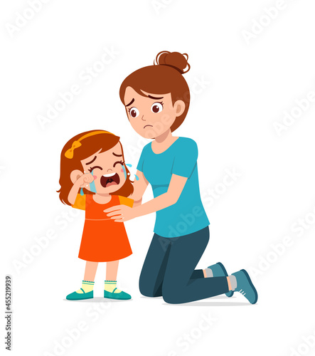 young mother hug crying little girl and try to comfort