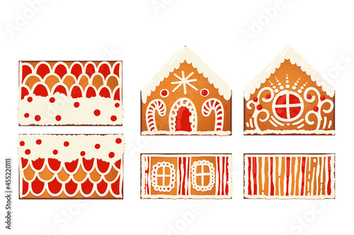 Gingerbread Houses Gift Template. Cute Christmas Traditional Cookie with white icing decoration. Vector illustration.