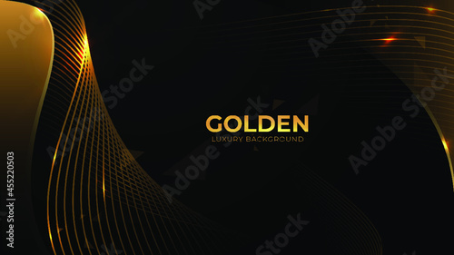Gold wave flow and golden glitter on black background. Free Vector