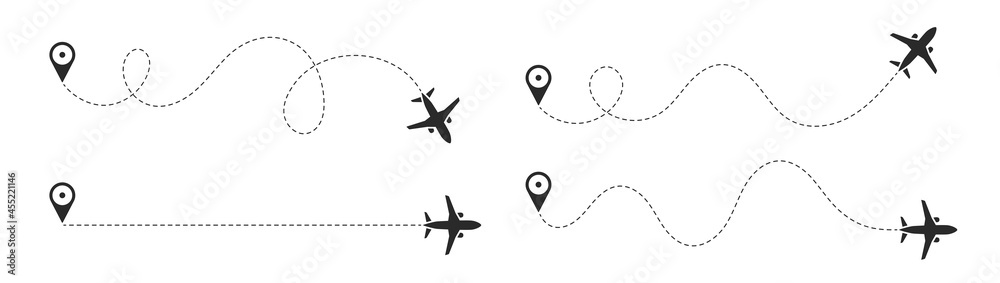 The flight path of the aircraft from the point of location along the dotted line. Flight route from a waypoint with an airplane silhouette. Vector elements. - obrazy, fototapety, plakaty 