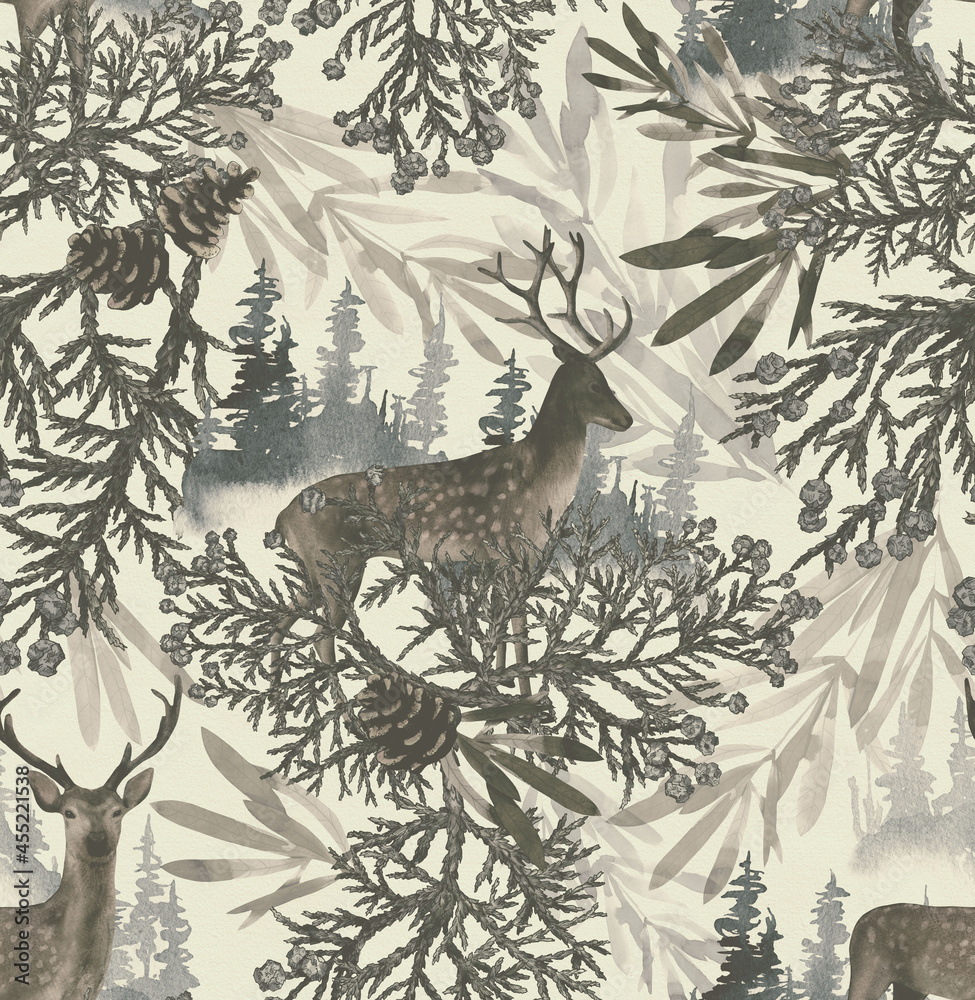 Rideaux avec Seamless pattern with deer standing in the forest against the background of birches and fir trees. Autumn background painted with watercolor #455221538