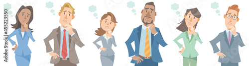 Group of diverse business people thinking on white background. Worry, stress, wonder, thinking. Vector illustration in flat cartoon style.