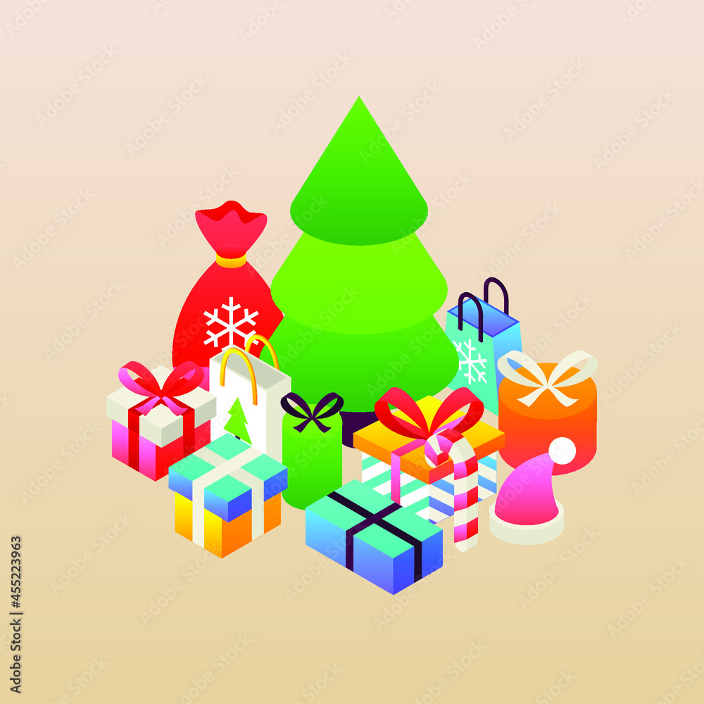 Merry Christmas Beige Greeting Card. Vector Illustration of Winter Holiday Isometry.