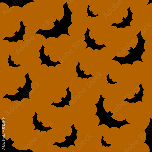 Halloween seamless pattern with bat. Vector illustration in black on a orange background. Banner, invitations, wallpaper, wrapping paper, decorations for Halloween party