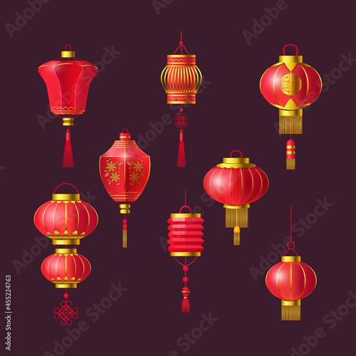 Red Chinese lanterns set. Traditional Asian new year red lamps festival decorated with Japanese sign