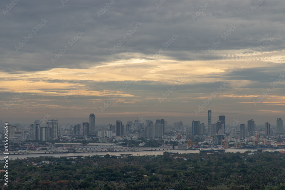 Bangkok, thailand - May 29, 2020 : Sky view of Bangkok with skyscrapers in the business district in Bangkok in the evening beautiful twilight give the city a modern style. Selective focus.