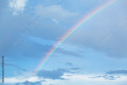Rainbow in the blue sky with clouds. © Eno1