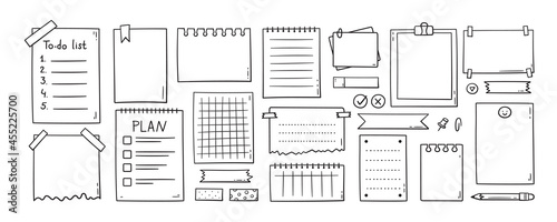 Hand drawn memo paper sheets, sticky note, reminder, to do list, sticky tape and pins. Bullet journal elements in doodle style. Vector illustration in white background.