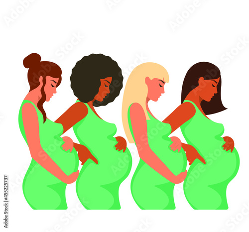 Four pregnant women of different races and nationalities, African, European, Slav, Asian. Hug a pregnant belly, look at it. Concept: international mother's day, caring for procreation. 
