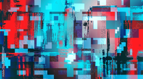 Brush strokes, transparent rectangles, red and teal glass background