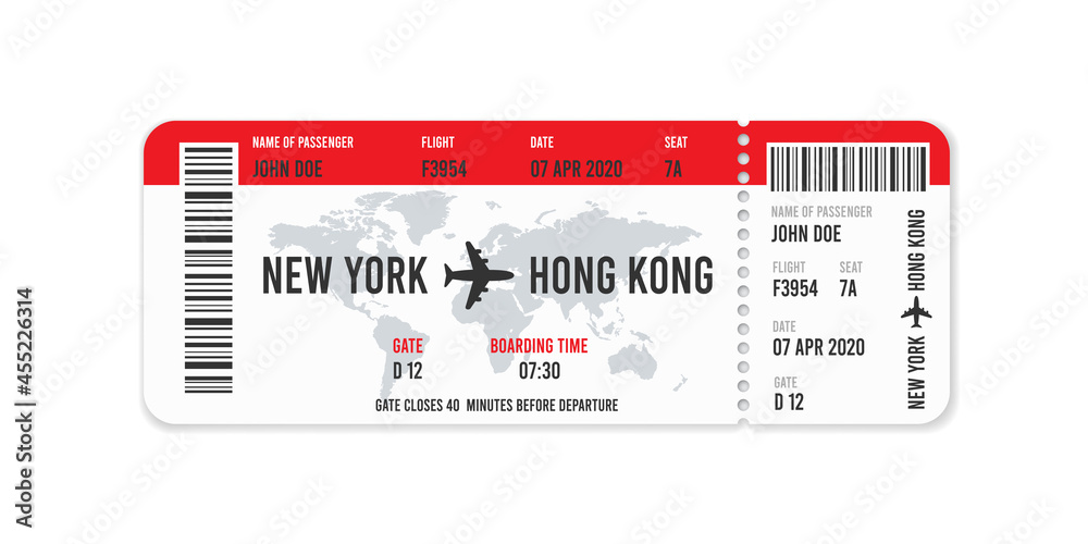 Realistic airline ticket design with passenger name. illustration - obrazy, fototapety, plakaty 