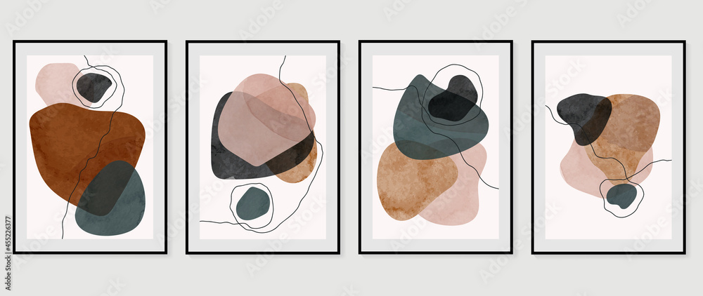 Mid century modern triptych wall art vector. Abstract art background with abstract shapes line drawing  and watercolor texture. Hand paint design for wall decor, poster and wallpaper. - obrazy, fototapety, plakaty 
