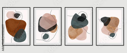 Mid century modern triptych wall art vector. Abstract art background with abstract shapes line drawing  and watercolor texture. Hand paint design for wall decor, poster and wallpaper.