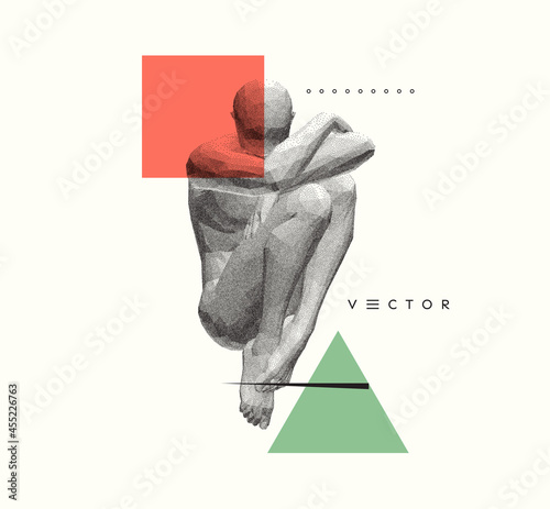 Full length view of sad stressed man sitting with hands on knees. Time for reflection. Man thinks about a problem. Despair, depression, hopelessness or addiction concept. 3D vector illustration.