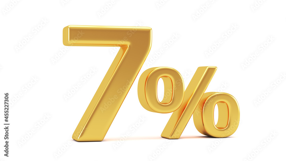 7% discount on sale. Gold seven percent isolated on white background. 3d render illustration for business ideas. 7% discount on sale. Gold seven percent isolated on white background. 3d render illustration for business ideas.