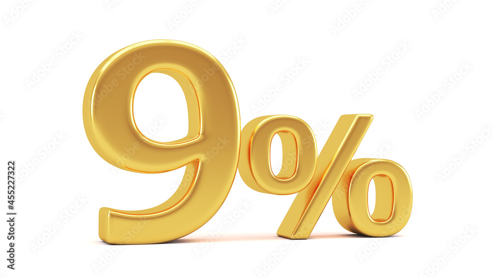 9% discount on sale. Gold nine percent isolated on white background. 3d render illustration for business ideas. 9% discount on sale. Gold nine percent isolated on white background. 3d render illustration for business ideas.