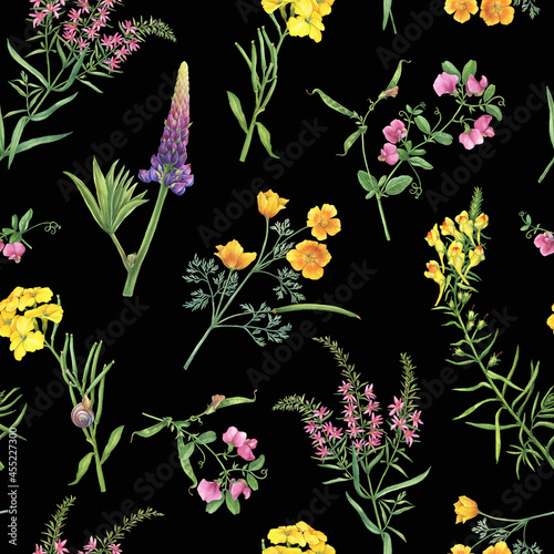 Seamless floral pattern with yellow linaria vulgaris, Cheiranthus cheiri, eschscholzia, pink mouse peas, lupin, Ivan Chai flowers. Watercolor painting illustration isolated on black background