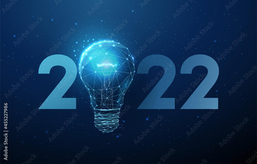 Abstract Happy 2022 New Year greeting card with light bulb Abstract Happy 2022 New Year greeting card with light bulb