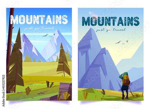 Woman hiker with stick and backpack travels on mountain valley. Vector posters with cartoon illustration of summer landscape with rocks, pines and girl tourist