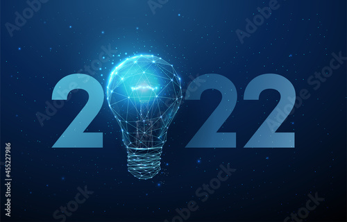 Abstract Happy 2022 New Year greeting card with light bulb