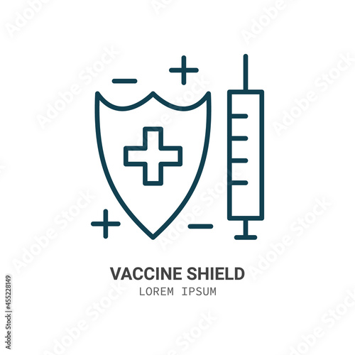 Syringe and shield line icon isolated vector. Protection. Editable stroke symbol. Vaccines against virus, vaccination sheldule, anti vaccine, shield virus. Flu, hepatitis, measles covid prevention