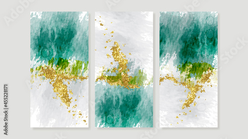 Abstract gold wall arts vector collection.  Triptych wall art vector. Luxury Watercolor paintbrush art design for wall framed prints, canvas prints, poster, home decor, cover, wallpaper.