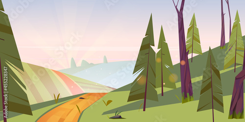 Summer landscape with green fields, hills and coniferous forest at morning. Vector cartoon illustration of dawn in countryside with farm lands, pine trees, road and sunbeams in sky