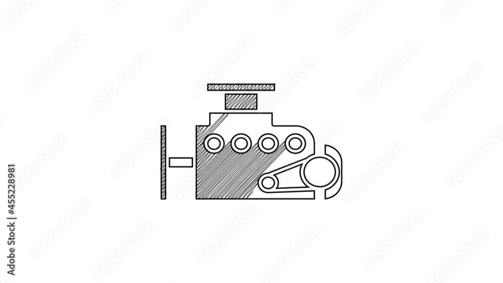 Black line Car engine icon isolated on white background. 4K Video motion graphic animation Black line Car engine icon isolated on white background. 4K Video motion graphic animation