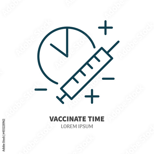 Syringe and clock icon isolated. Editable stroke symbol. Vaccines against virus, vaccination sheldule, anti vaccine, shield virus. Flu, hepatitis, measles covid prevention
