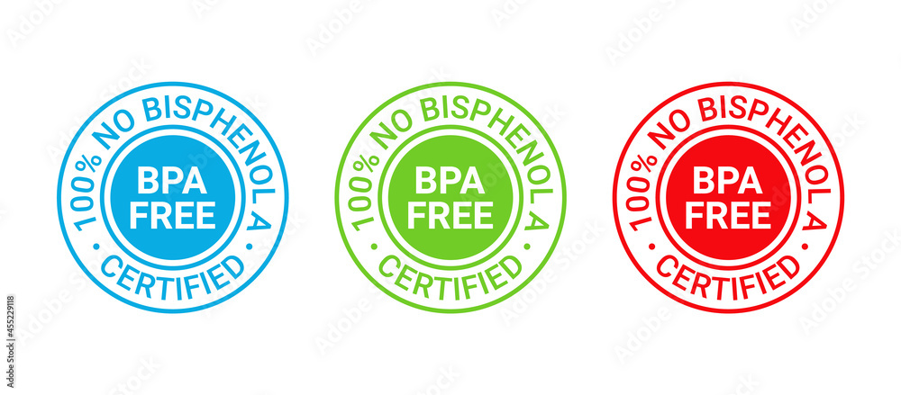 BPA free stamp. No bisphenol round badge, icon. Non toxic plastic label, emblem. Bisphenol A and phthalates free seal imprint for eco packaging. Vector illustration.