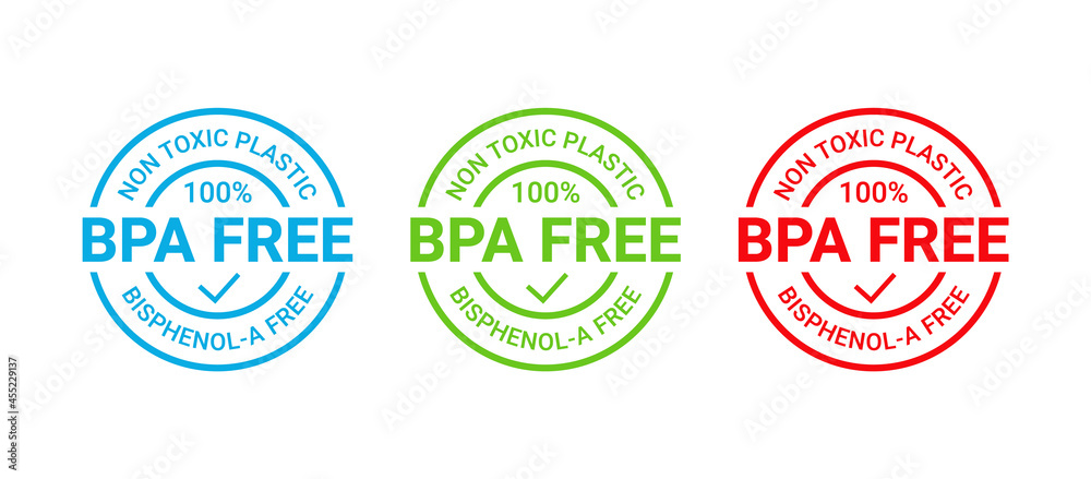 BPA free stamp. Non toxic plastic badge icon. No bisphenol round label emblem. Bisphenol A, phthalates free seal imprint for eco packaging. Seal mark isolated on white background. Vector illustration