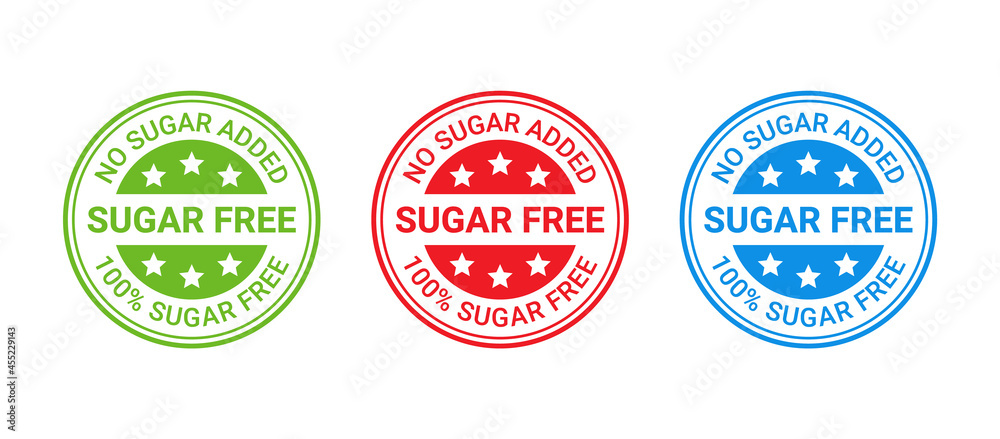 Sugar free stamp icon. No sugar added round label. Diabetic imprint badge. Green, red and blue seal marks isolated on white background. Vector illustration. Emblem for package product. Flat design. Sugar free stamp icon. No sugar added round label. Diabetic imprint badge. Green, red and blue seal marks isolated on white background. Vector illustration. Emblem for package product. Flat design.