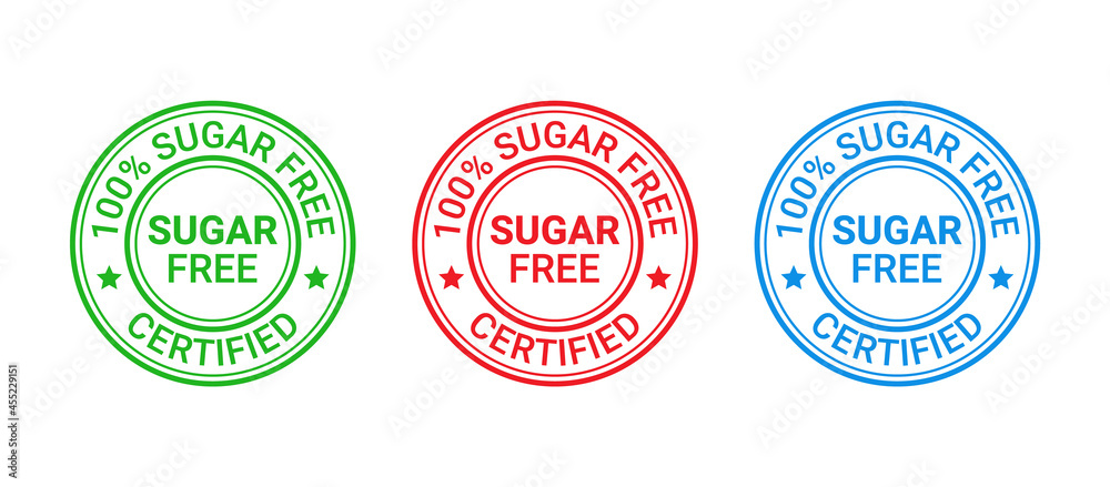 Sugar free label icon. No sugar added stamp. Diabetic round seal badge. Green, red and blue imprint stickers isolated on white background. Vector illustration. Emblem for package product. Flat design.