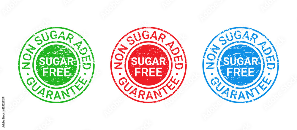 Sugar free stamp, grange icon. No sugar added round label. Diabetic imprint badge. Green, red and blue seal marks isolated. Vector illustration. Emblem for package product on white background. Sugar free stamp, grange icon. No sugar added round label. Diabetic imprint badge. Green, red and blue seal marks isolated. Vector illustration. Emblem for package product on white background.