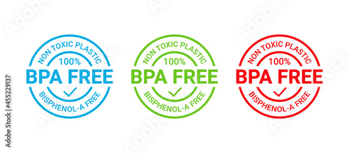 BPA free stamp. Non toxic plastic badge icon. No bisphenol round label emblem. Bisphenol A, phthalates free seal imprint for eco packaging. Seal mark isolated on white background. Vector illustration