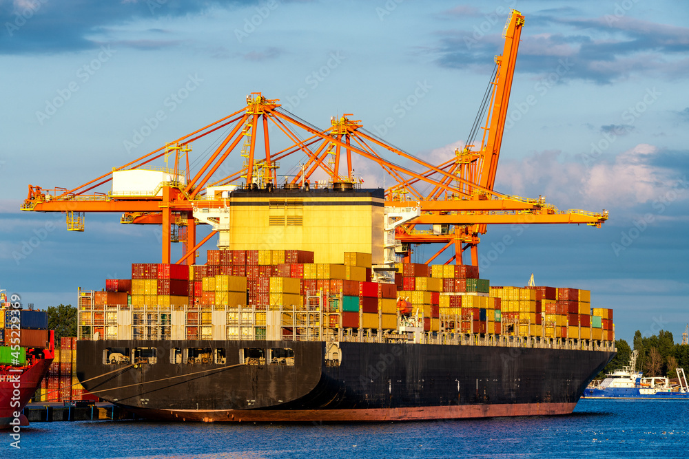 Container ship in sea port