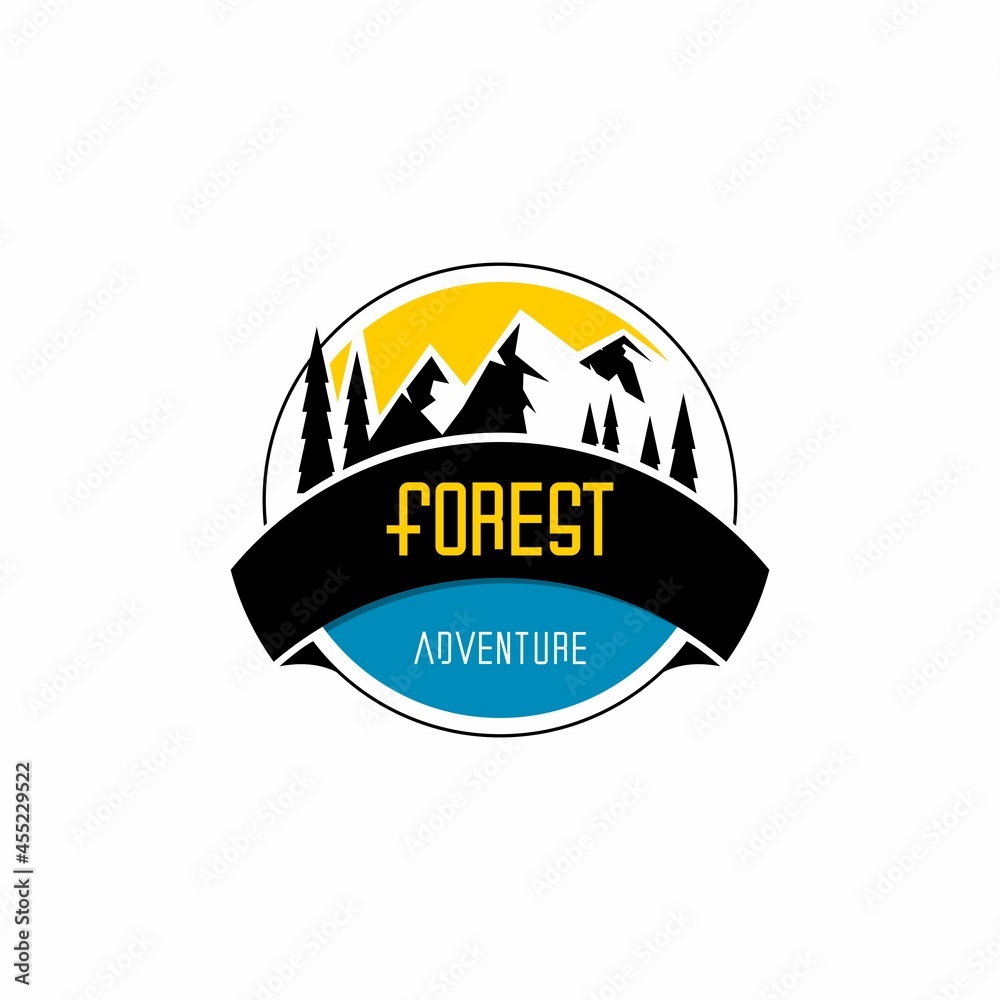 vector illustration of mountain and pine forest scenery logo