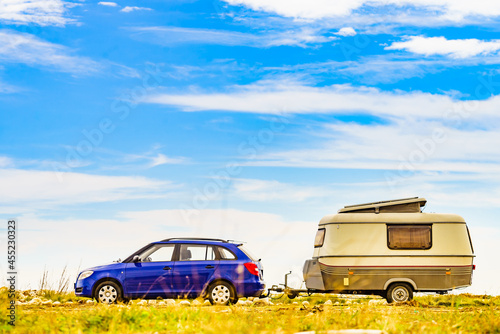 Caravan trailer camping on coast, Spain.