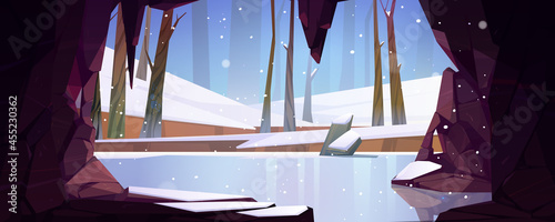 Ice cave in mountain view on frozen forest pond, lake or river. Empty cavern, nature landscape with stalactites and rocks inside. Fantasy game background, wintertime scene, Cartoon vector illustration