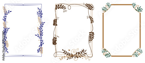 Floral rectangular frames. Border of flowers, herbs, twigs and leaves. Design template for invitations and holiday cards.
