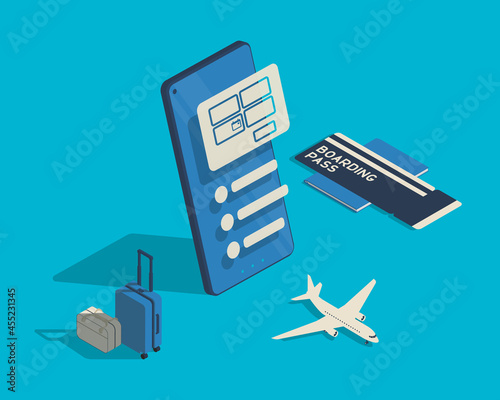 Isometric concept on the theme of air travel and buying online tickets