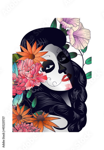 dia de los muertos! lovely girl with flowers for the day of all the dead and alive. Makeup for the dead. Vectron illustration for banners, posters, wallpapers, holiday cards